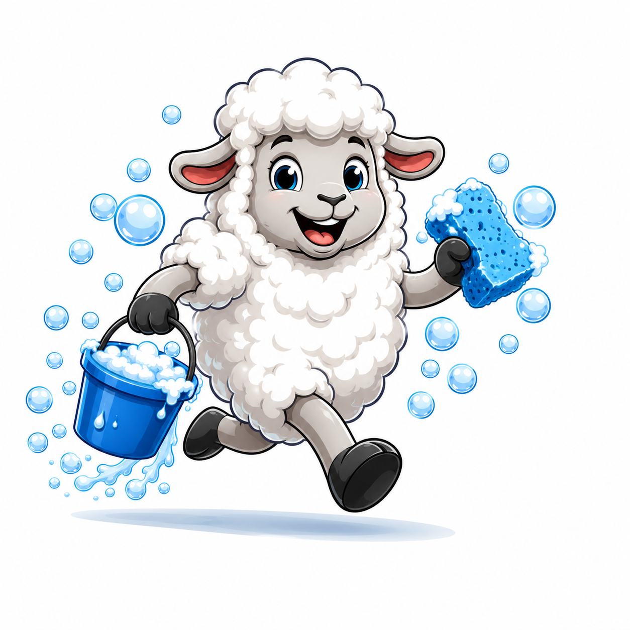 Soapy Sheep mascot running with bucket